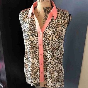 Leopard Print Sleeveless Blouse with Coral Accents